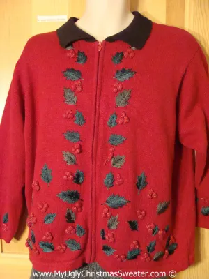 Red Tacky Christmas Sweater with Black Collar and Dangling Ivy with Bumpy Seeds (f1297)