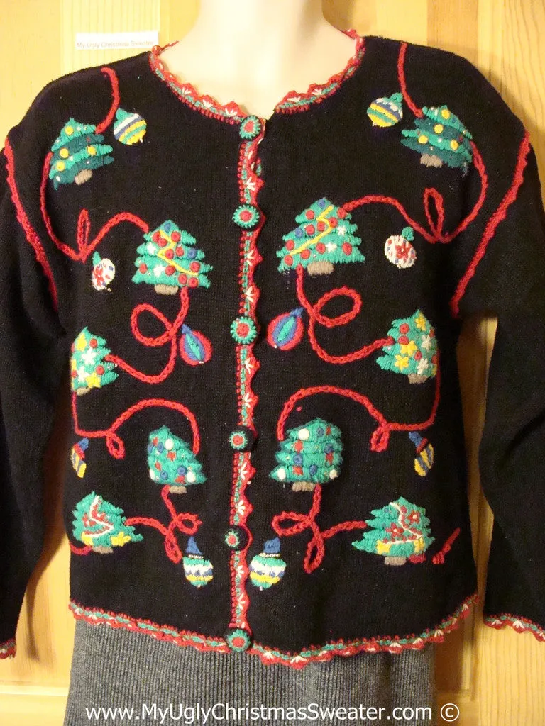 80s Tacky Holiday Sweater with Padded Shoulders and Strings of Trees and Ornaments (f1006)