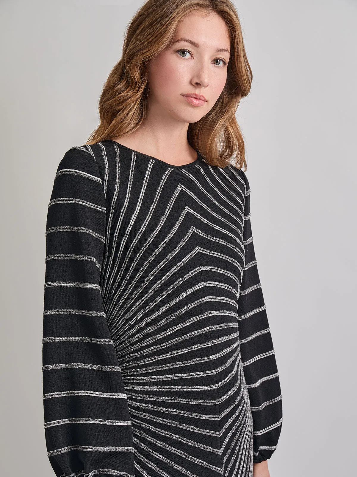 A-Line Melange Striped Soft Knit Midi Dress