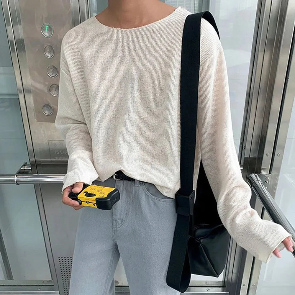 Aidase Mens Casual Knitted Long-Sleeved Tops Genderless 2024 New Fashion Individuality Solid Color Simple Thin Comfort T-Shirt Unisex