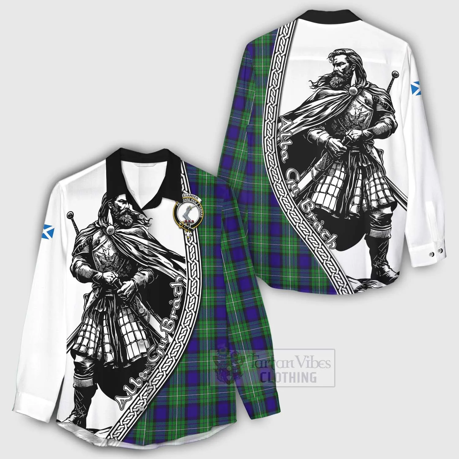 Alexander Tartan Clan Crest Women's Casual Shirt with Highlander Warrior Celtic Style