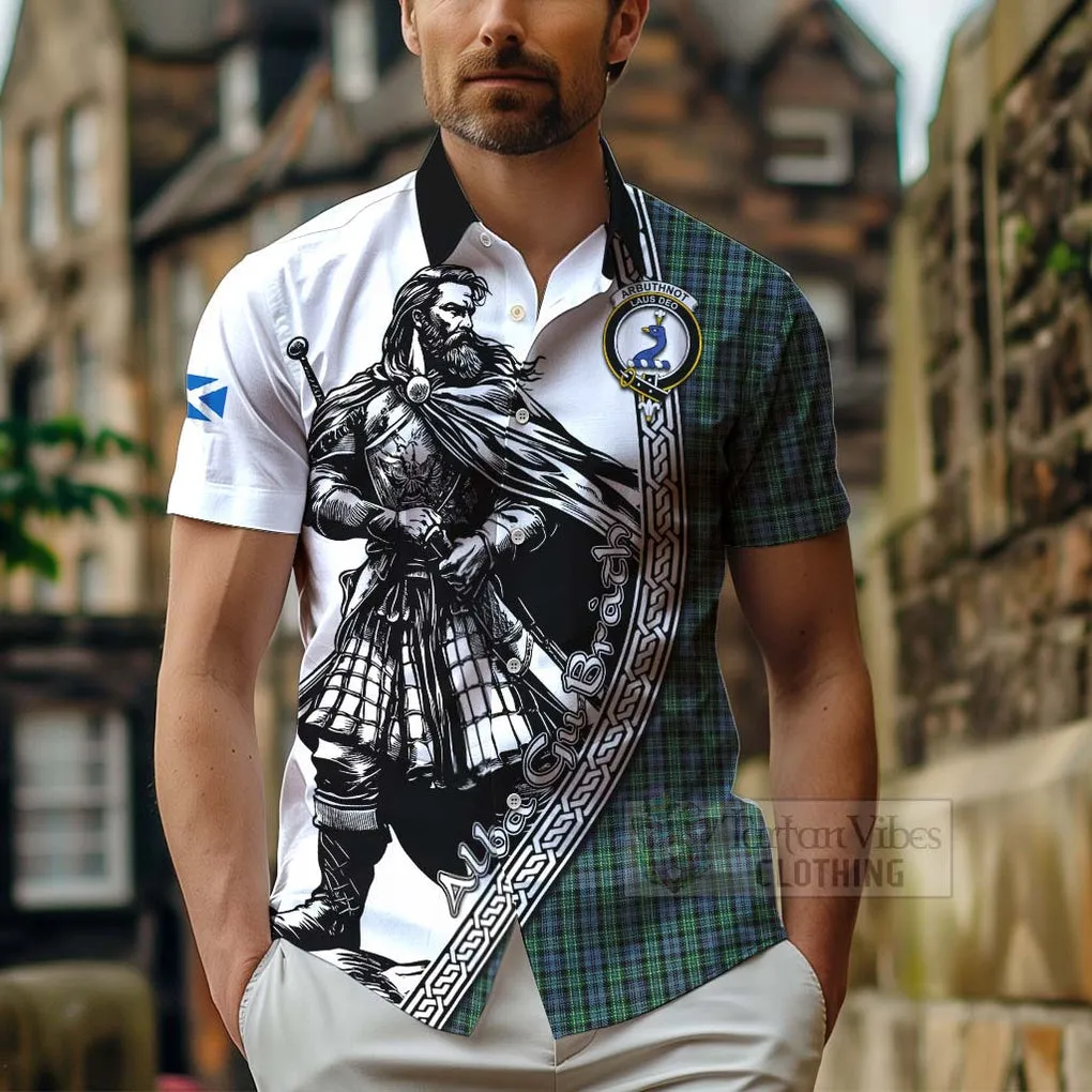 Arbuthnot Tartan Clan Crest Short Sleeve Button Shirt with Highlander Warrior Celtic Style