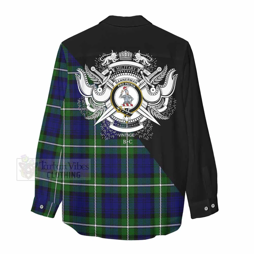 Bannerman Tartan Women's Casual Shirt with Family Crest and Military Logo Style