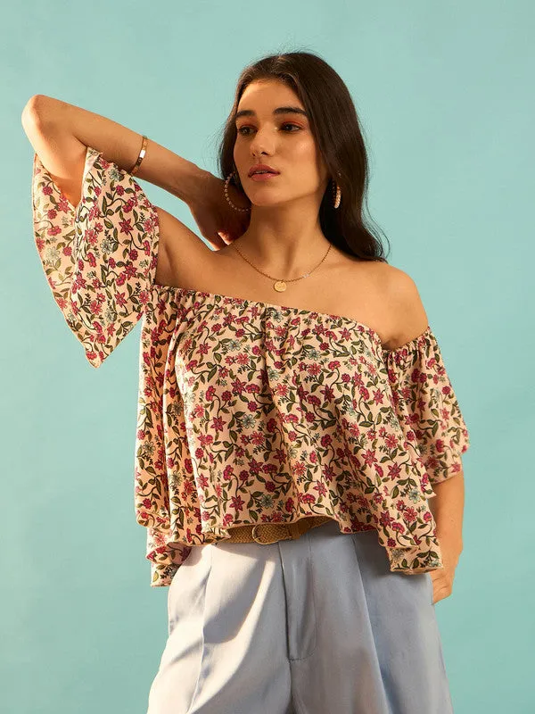 Berrylush Women Pink & Green Floral Printed Off-Shoulder Neck Flared Sleeves Pleated Regular Bardot Top