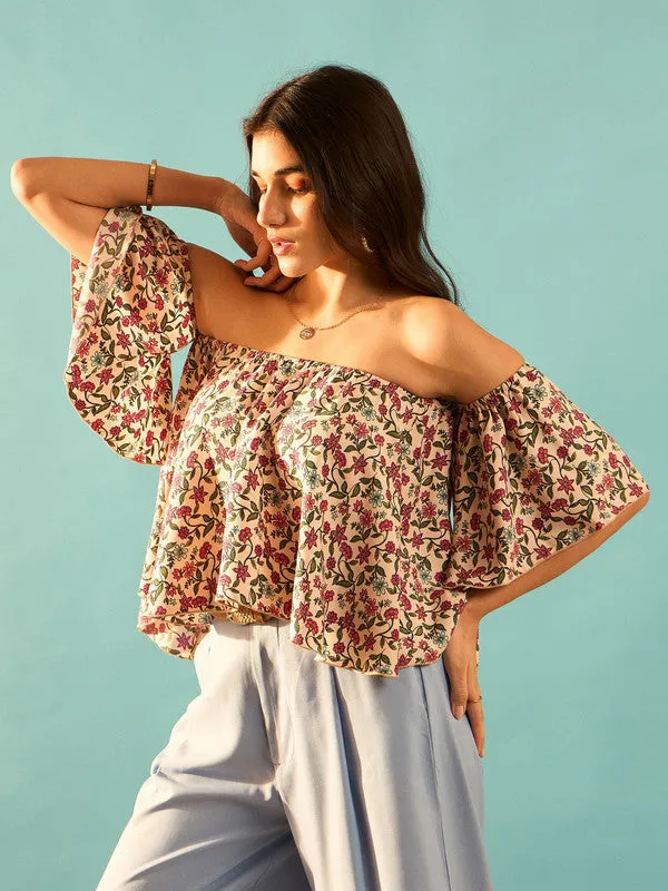 Berrylush Women Pink & Green Floral Printed Off-Shoulder Neck Flared Sleeves Pleated Regular Bardot Top