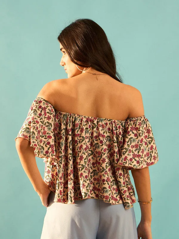 Berrylush Women Pink & Green Floral Printed Off-Shoulder Neck Flared Sleeves Pleated Regular Bardot Top