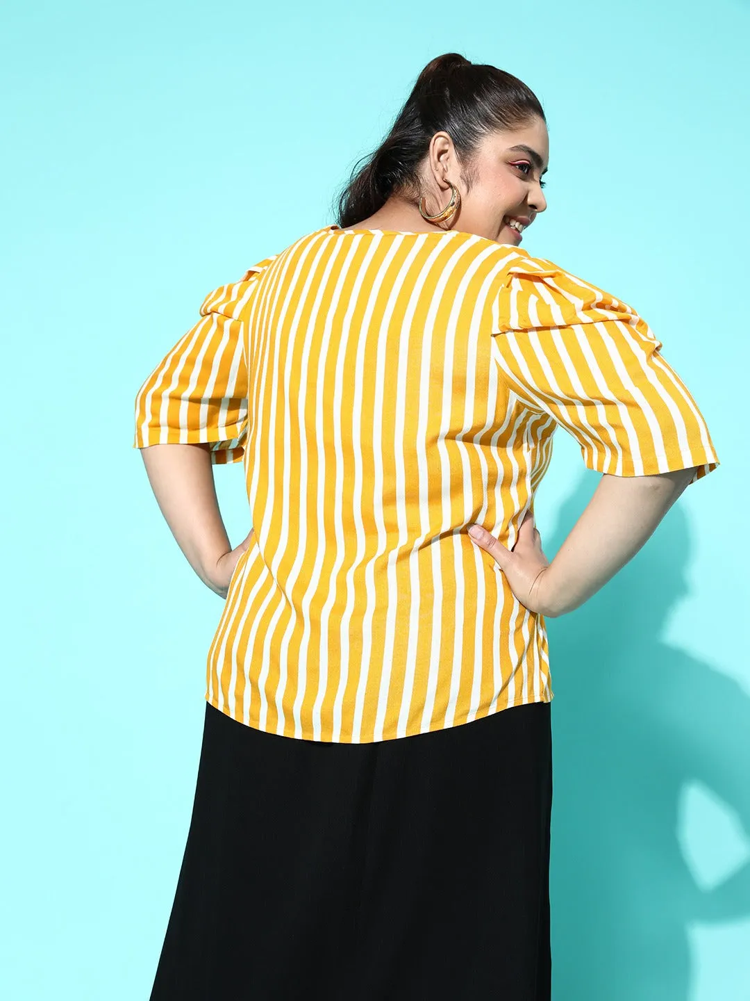 Berrylush Women Plus Size Yellow & White Vertical Striped Print V-Neck Puff Sleeve Cotton Regular Top