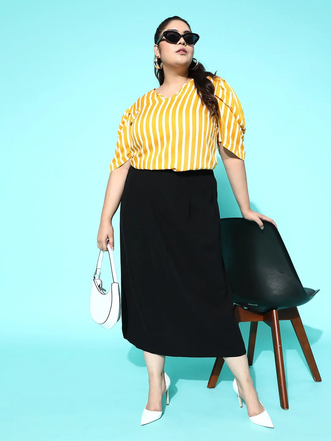 Berrylush Women Plus Size Yellow & White Vertical Striped Print V-Neck Puff Sleeve Cotton Regular Top