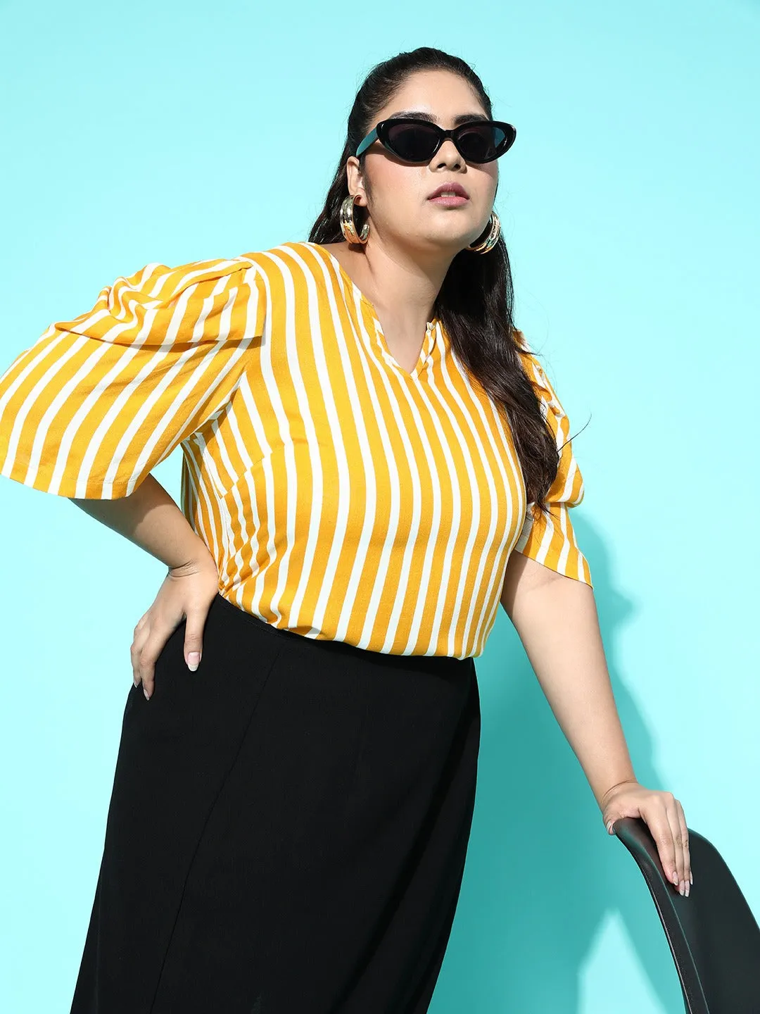 Berrylush Women Plus Size Yellow & White Vertical Striped Print V-Neck Puff Sleeve Cotton Regular Top