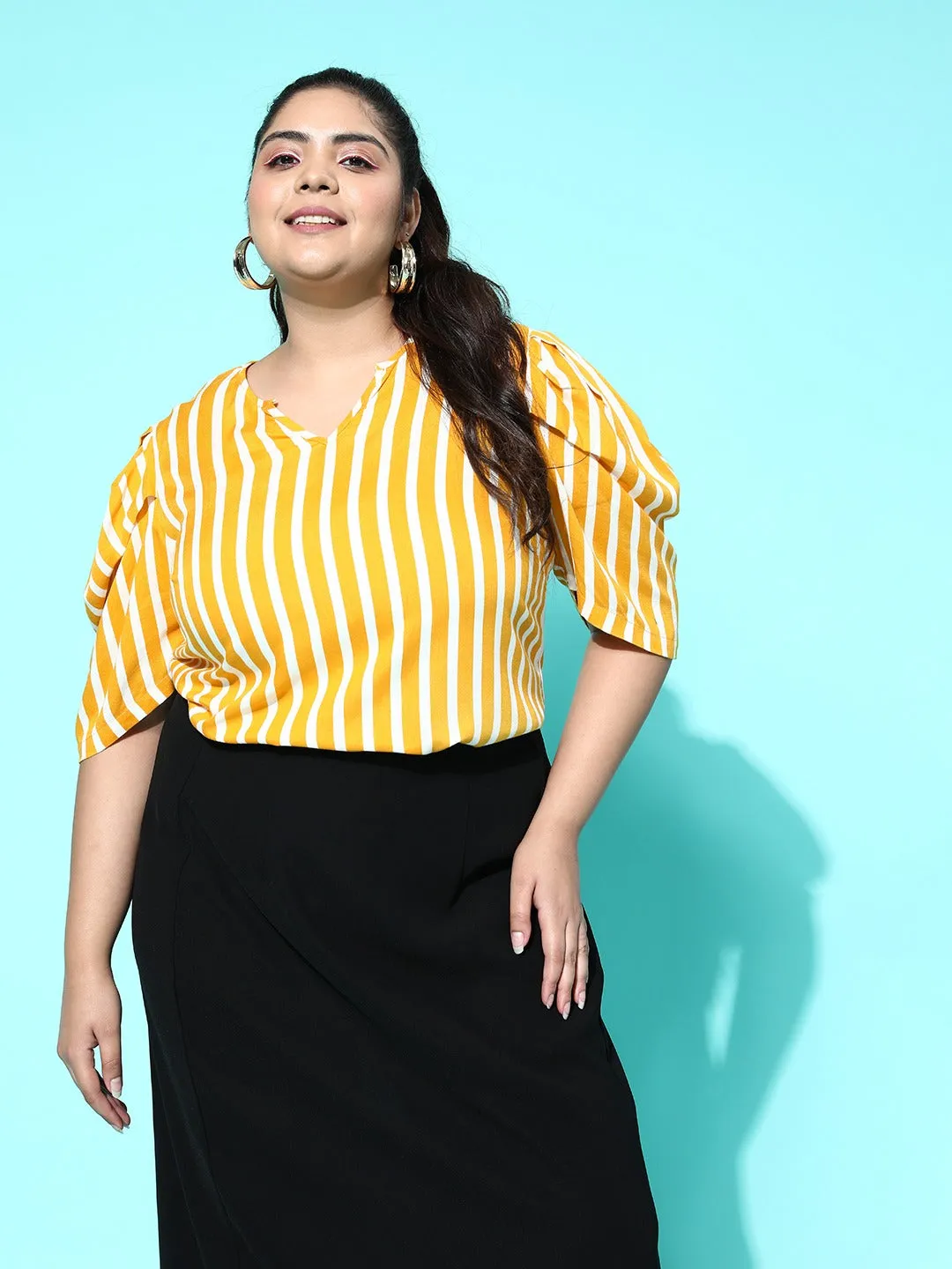 Berrylush Women Plus Size Yellow & White Vertical Striped Print V-Neck Puff Sleeve Cotton Regular Top