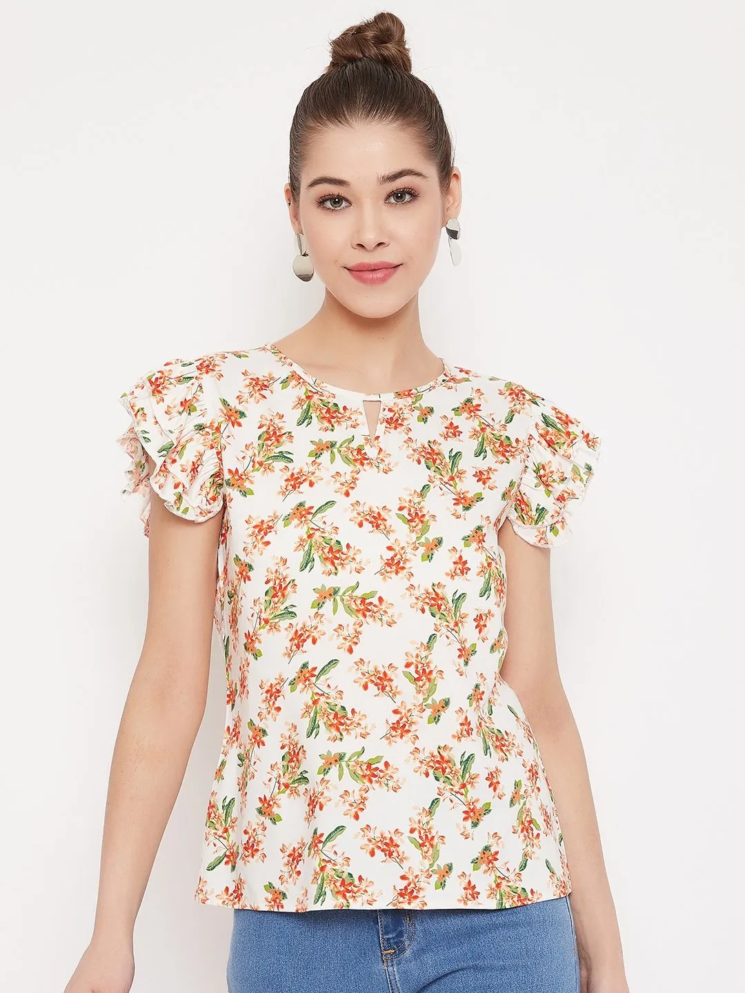 Berrylush Women White Floral Printed Keyhole Neck Ruffle Top