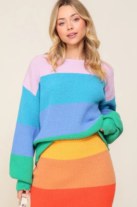 Bold Rainbow Stripe Oversized Chunky Knit Pullover