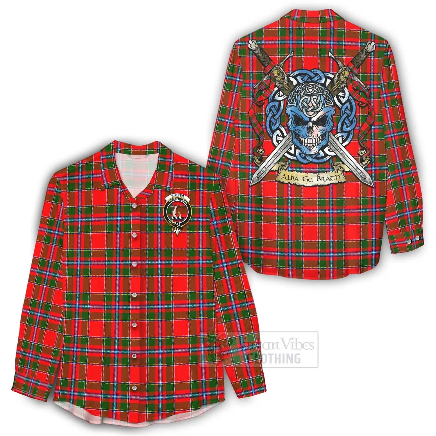 Butter Tartan Women's Casual Shirt with Family Crest Celtic Skull Style