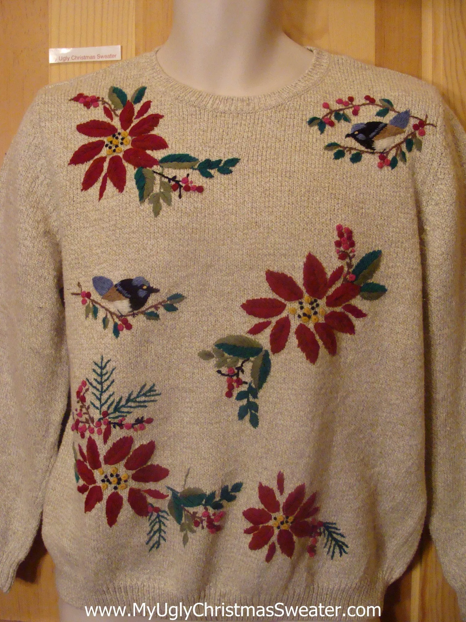 Funny Christmas Sweater Pullover Birds and Poinsettias