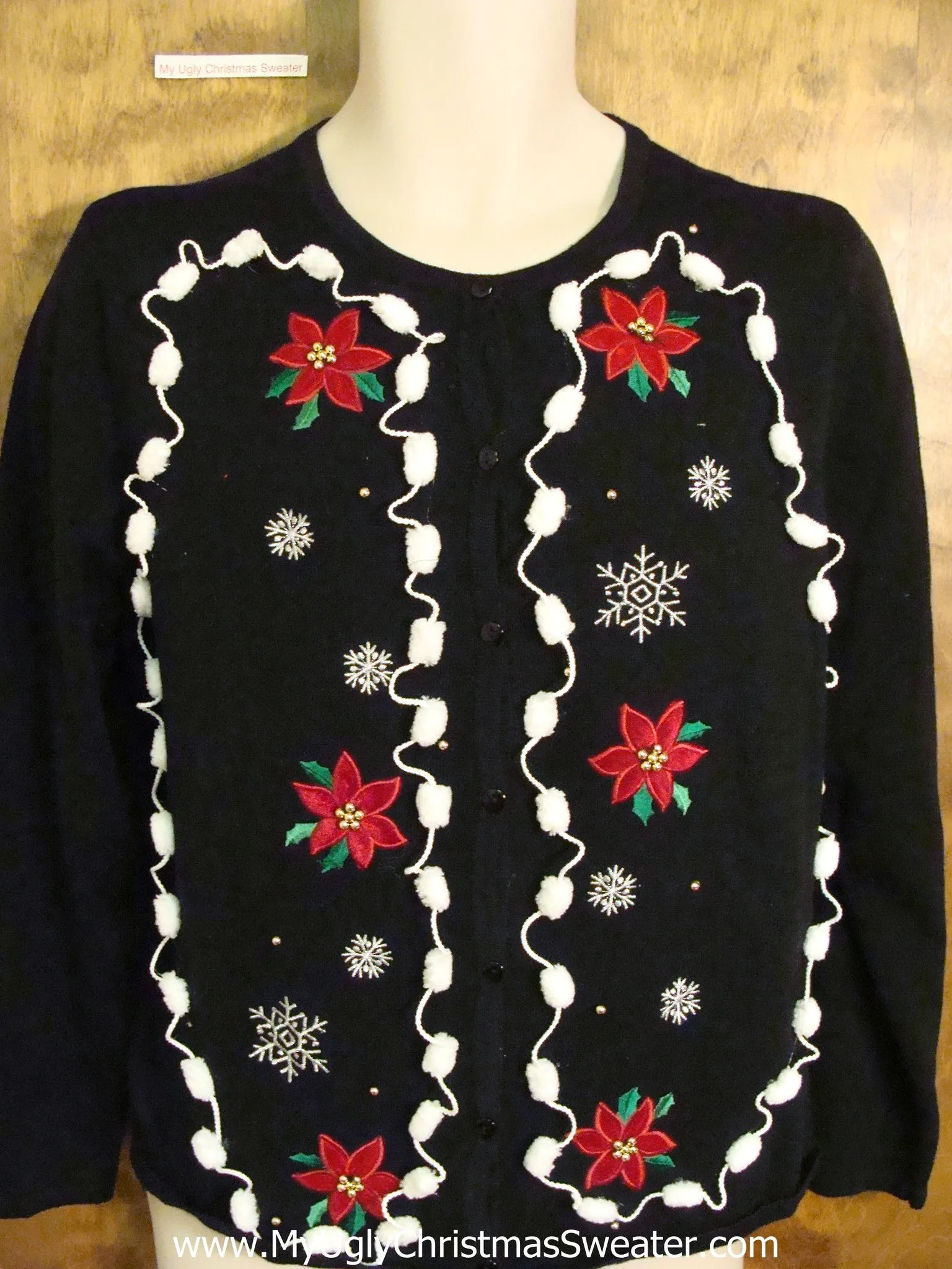 Funny Poinsettia and Pom Pom Themed Ugliest Christmas Sweater