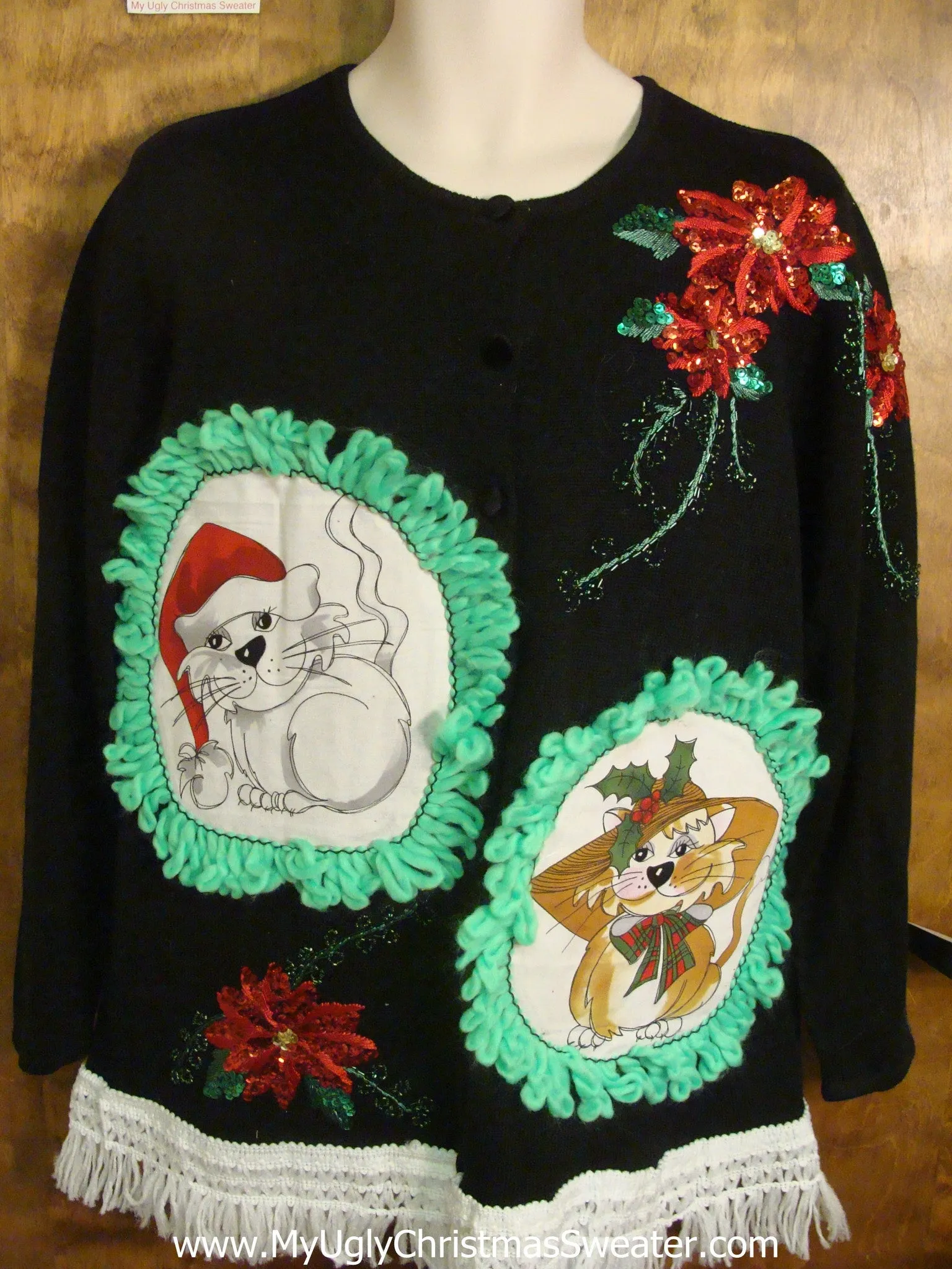 Glittery Poinsettias Cat Christmas Sweater