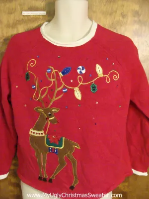 Huge Reindeer with Festive Antlers Ugliest Christmas Sweater Pullover