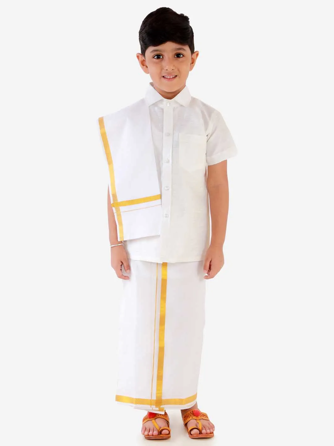 Jashvi Boys' White Silk Short Sleeves Ethnic Shirt