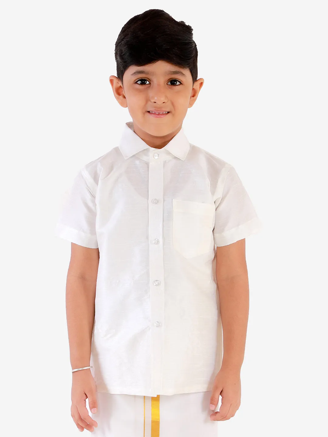 Jashvi Boys' White Silk Short Sleeves Ethnic Shirt