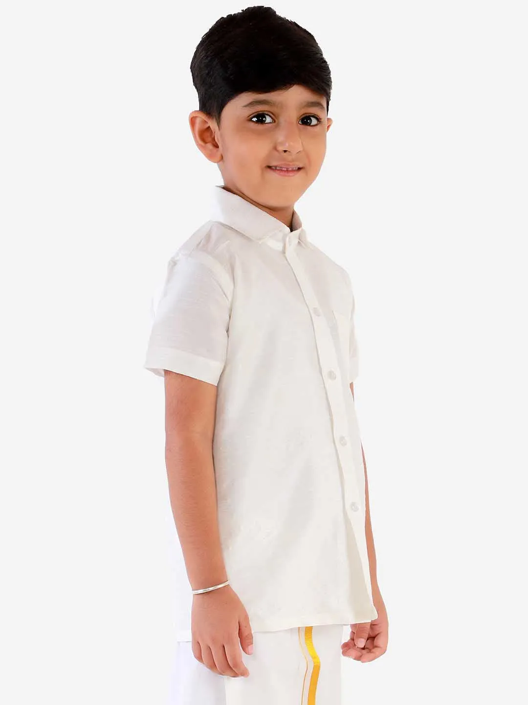 Jashvi Boys' White Silk Short Sleeves Ethnic Shirt