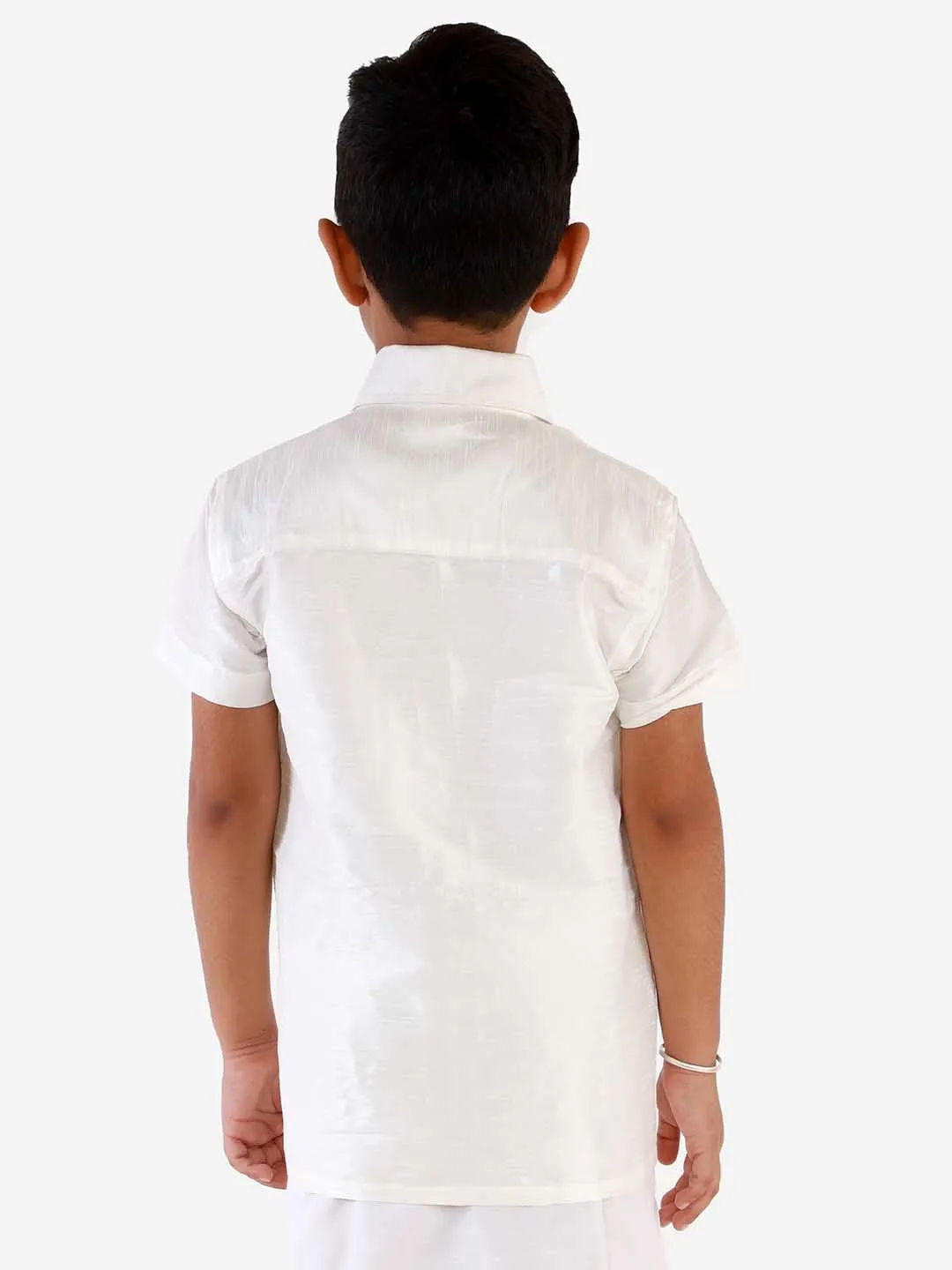 Jashvi Boys' White Silk Short Sleeves Ethnic Shirt