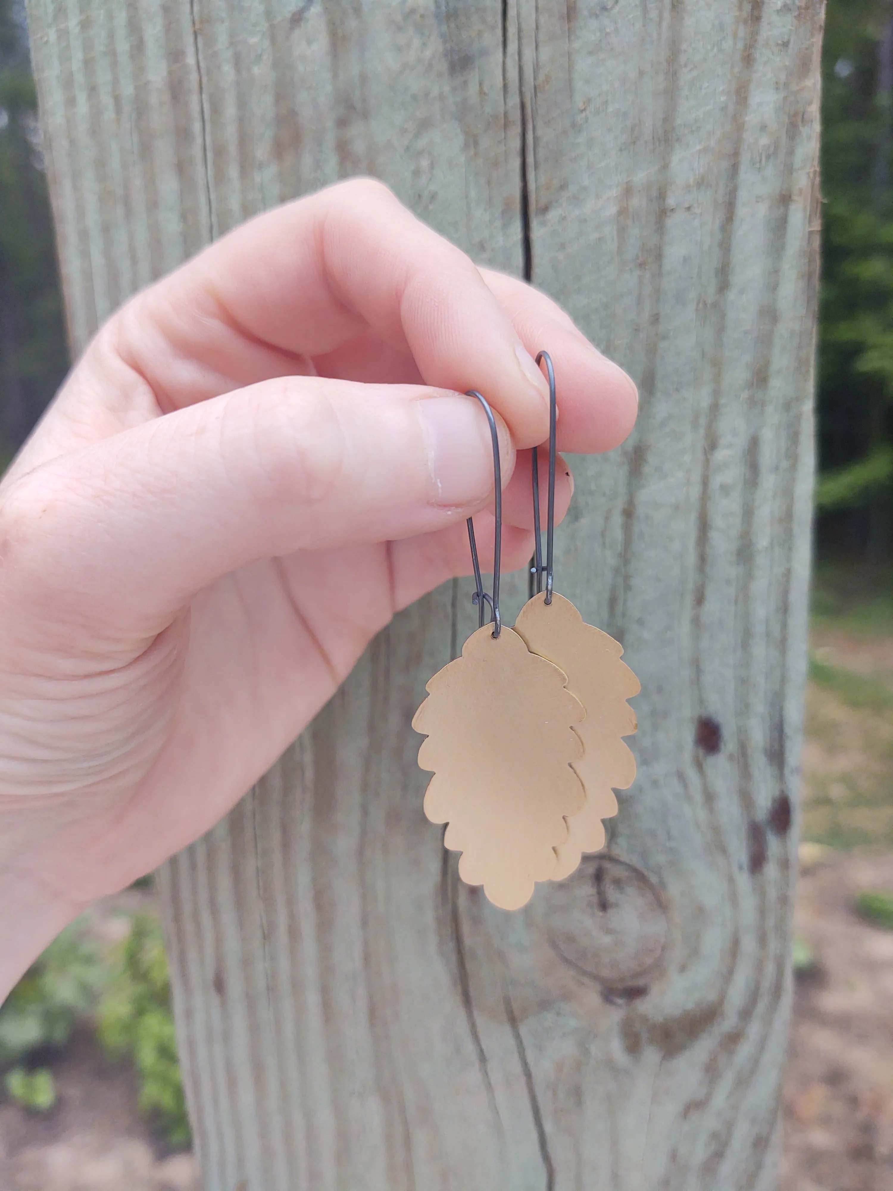 Large Brass Fir Cone Earring on Oxidized Silver Kidney Hook