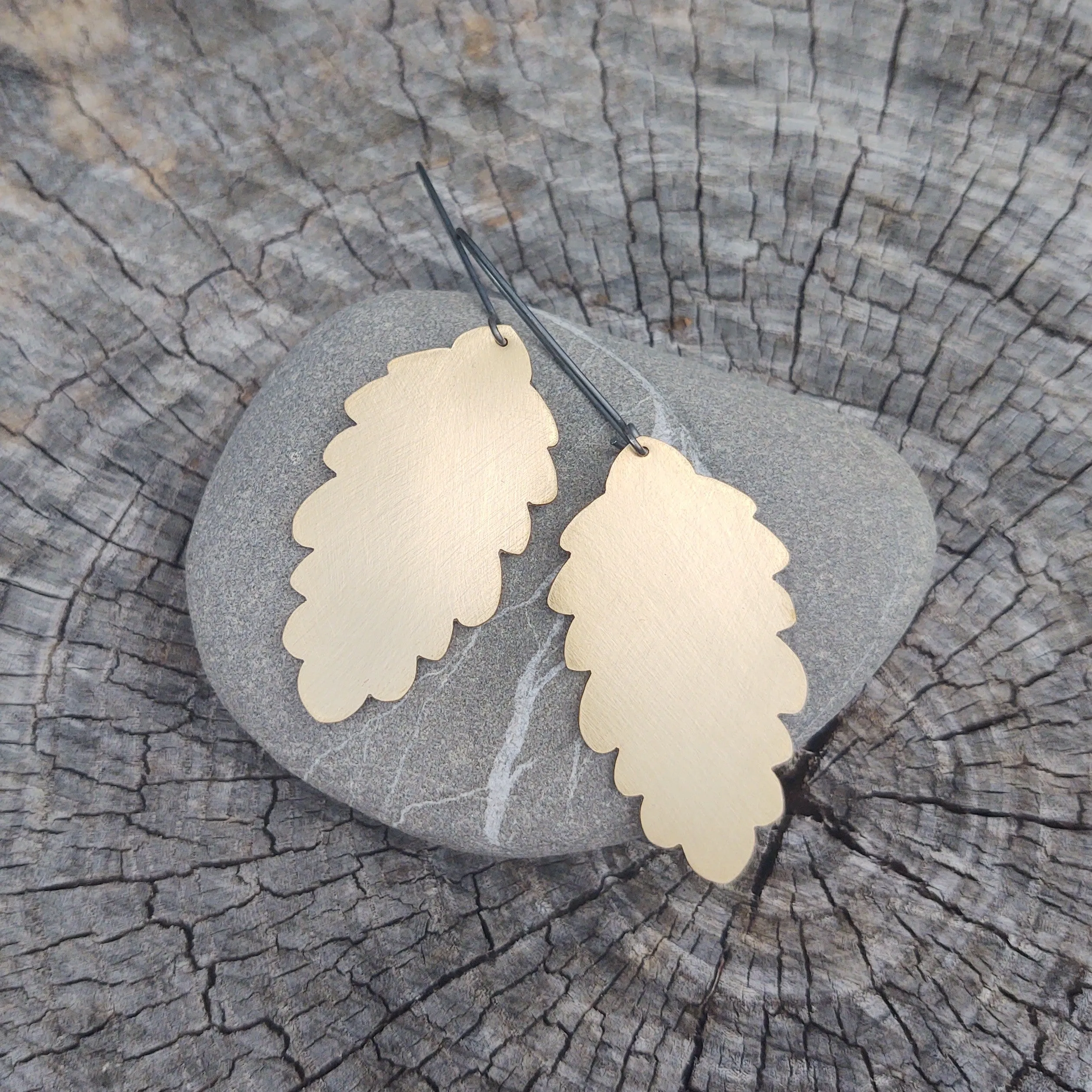 Large Brass Fir Cone Earring on Oxidized Silver Kidney Hook