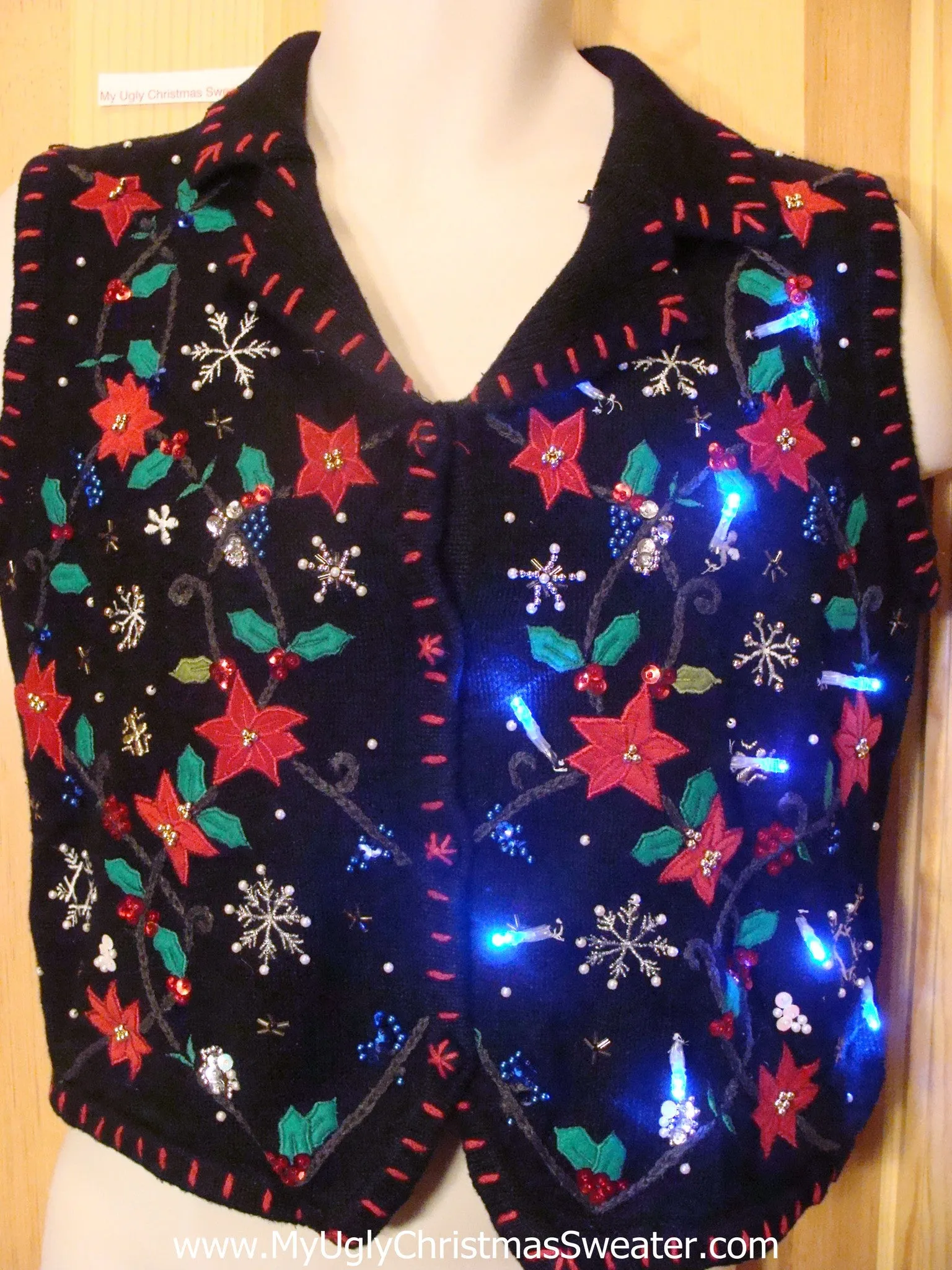 Light Up Christmas Sweater Vest with Poinsettias