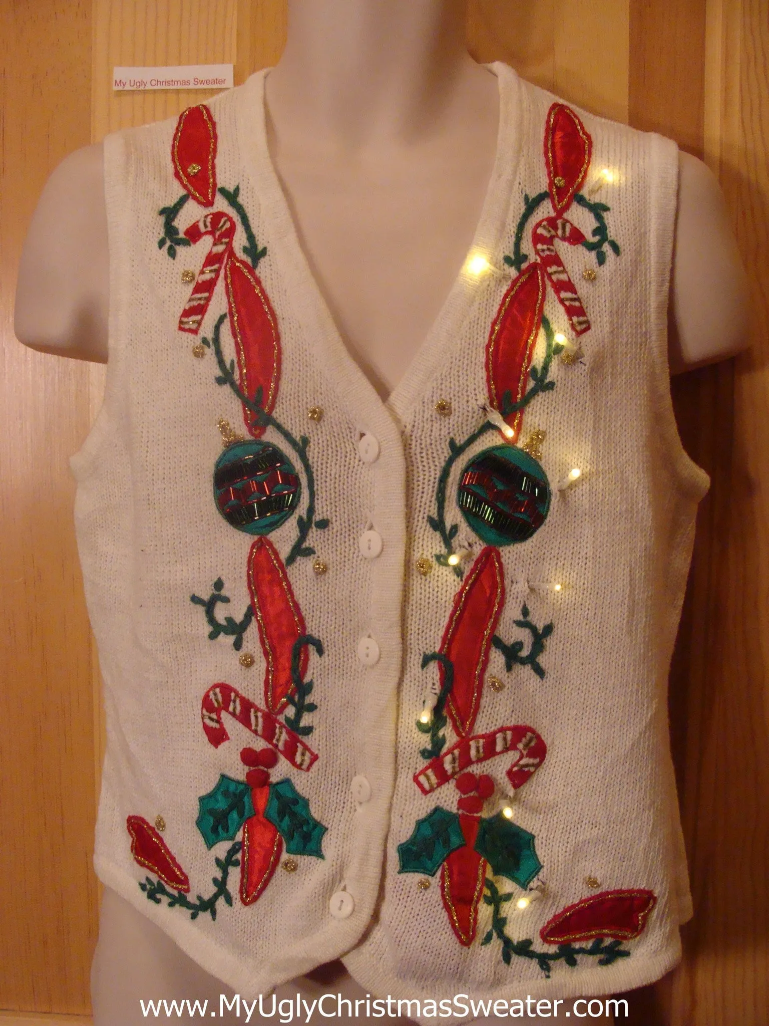 Light Up Christmas Sweater Vest with Red Ribbons