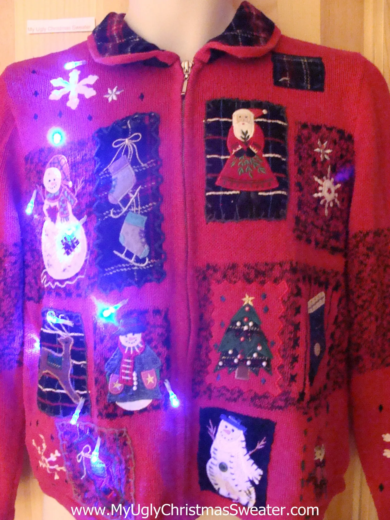 Light Up Red Ugly Xmas Sweater with Plaid Collar and Blocks