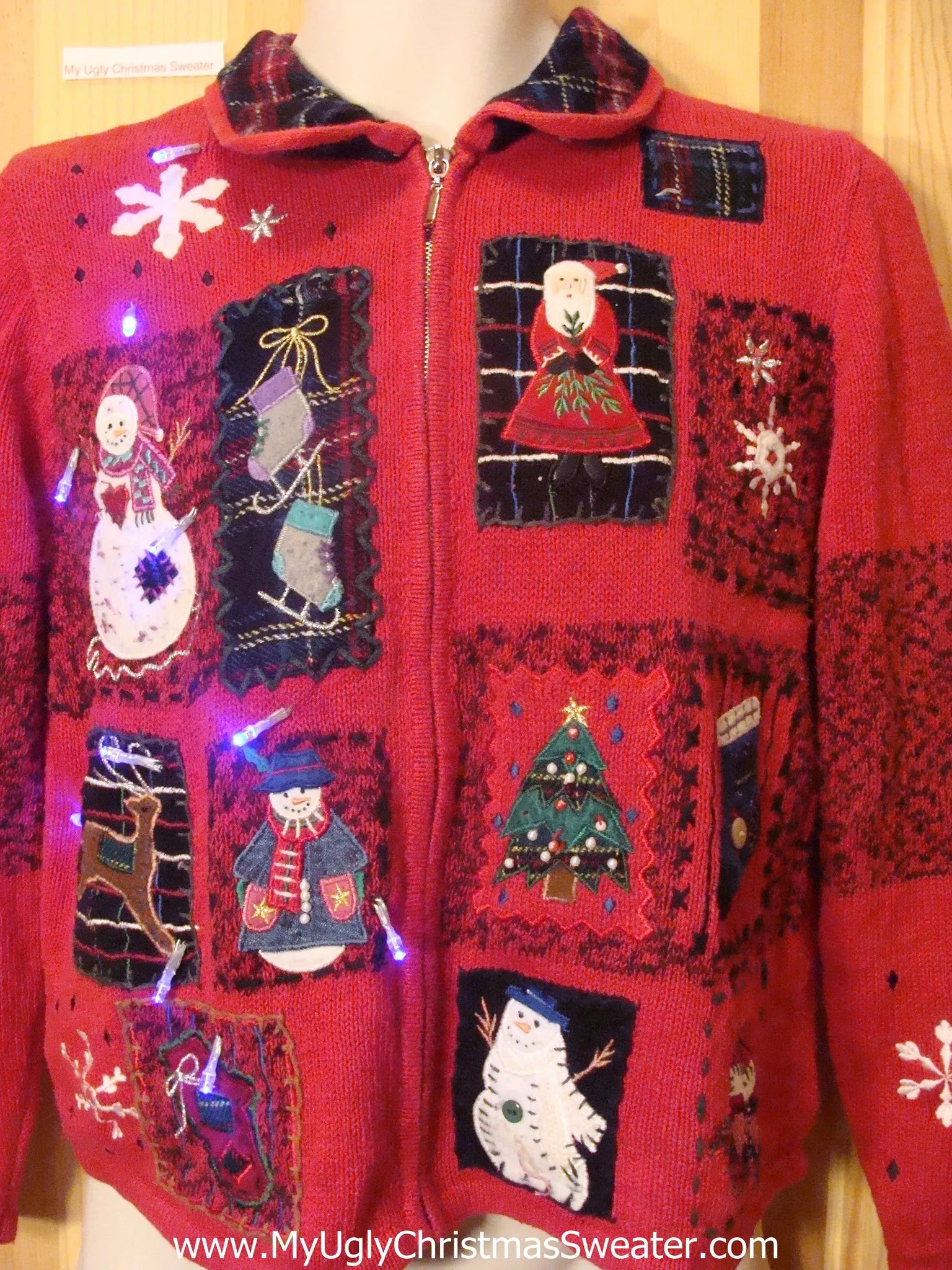 Light Up Red Ugly Xmas Sweater with Plaid Collar and Blocks