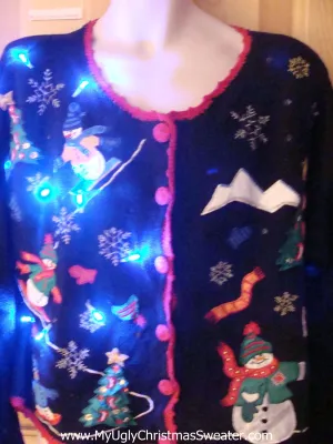 Light Up Ugly Xmas Sweater Snowmen Snowboarding