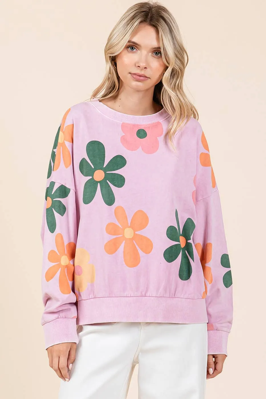 MINERAL WASH FLOWER PRINT FRENCH TERRY SWEATSHIRT