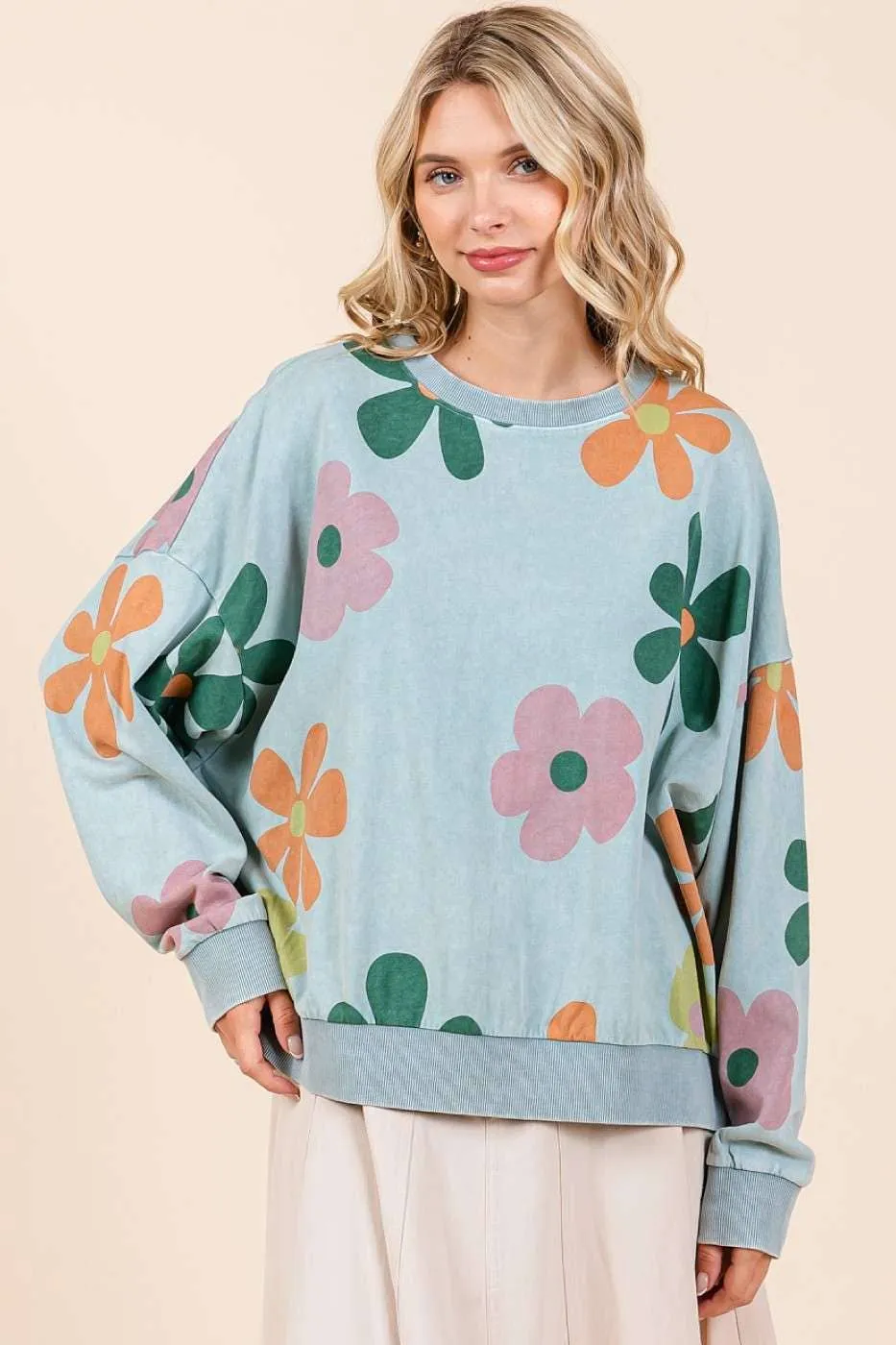 MINERAL WASH FLOWER PRINT FRENCH TERRY SWEATSHIRT