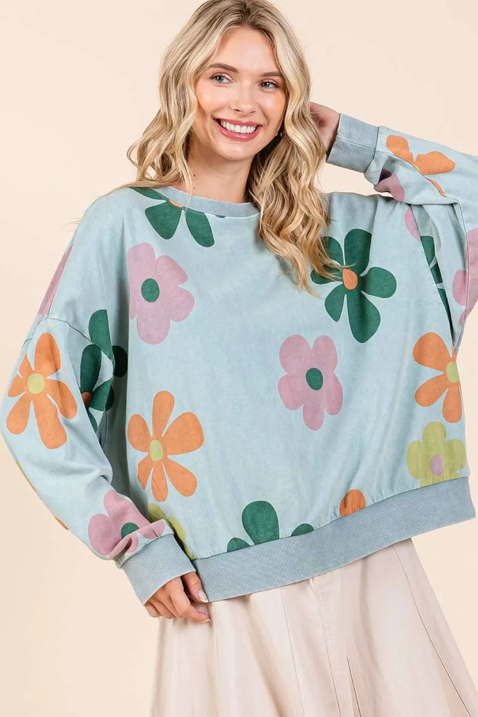 MINERAL WASH FLOWER PRINT FRENCH TERRY SWEATSHIRT