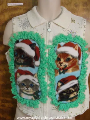 Snowflake Accents Ugly Christmas Cat Sweater Vest