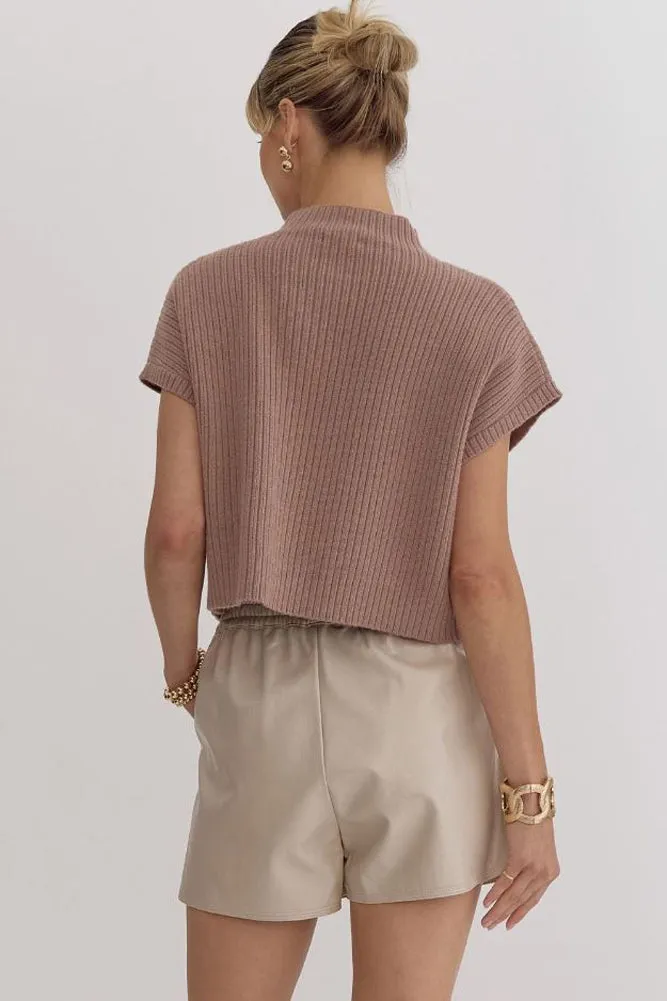 Solid Knit Mock Neck SS Sweater in Mocha by Entro