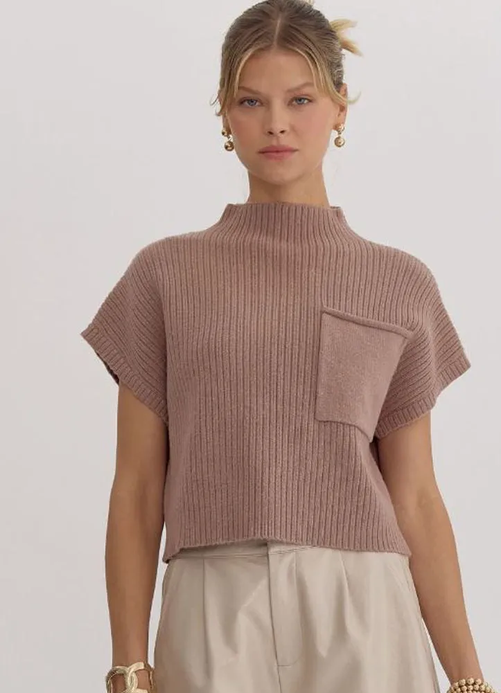 Solid Knit Mock Neck SS Sweater in Mocha by Entro