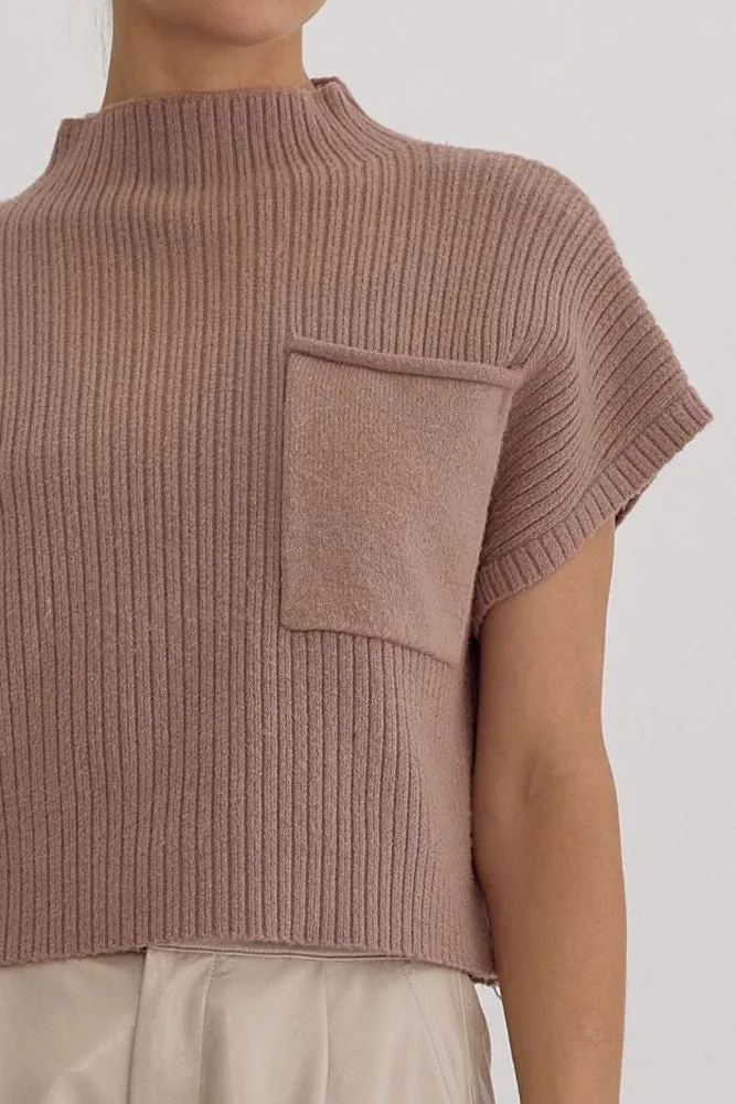 Solid Knit Mock Neck SS Sweater in Mocha by Entro