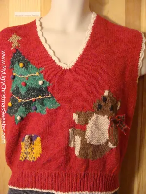 Tacky 80s Style Ugly Christmas Sweater Vest with Giant Bear and Tree (f623)