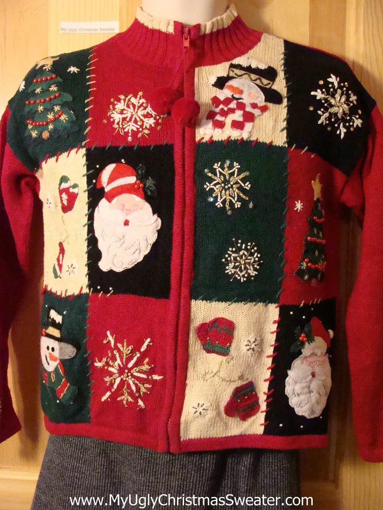 Tacky Cheap Ugly Christmas Sweater with Padded Shoulders and Pom Pom Zipper Pull (f608)