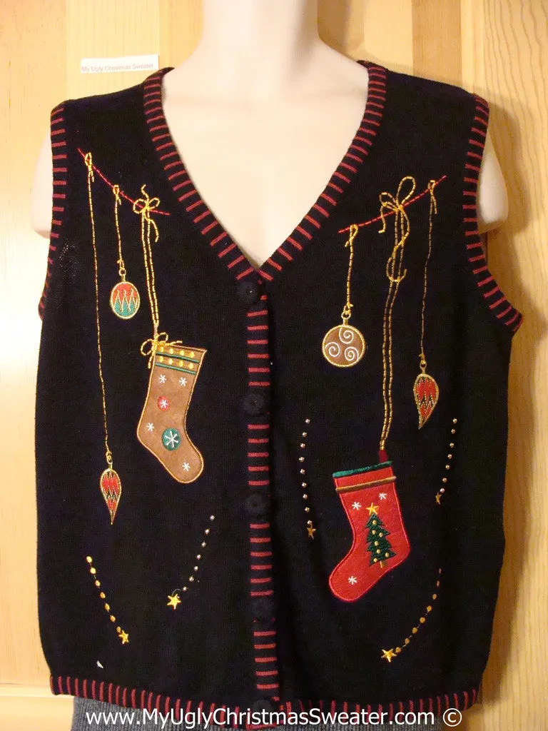 Tacky Cheesy Holiday Sweater Vest with Stockings and Ornaments (f1100)