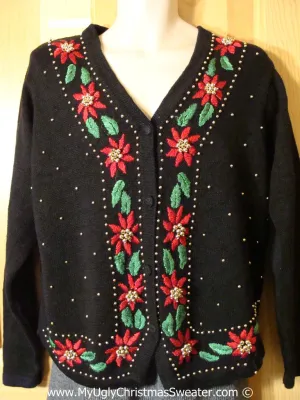 Tacky Christmas Sweater Party Ugly Sweater Poinsettias and 80s Style Padded Shoulders (f859)