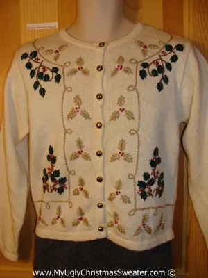 Tacky Christmas Sweater Party Ugly Sweater with Bling Gold Embroidered Ivy (f813)