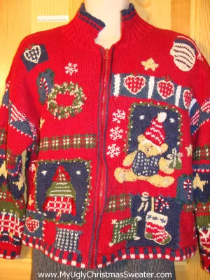 Tacky Fantastic Ugly Christmas Sweater with Mind Numbing Decorations on Front, Back, and Sleeves (f699)