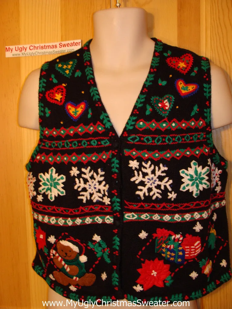 Tacky Ugly Christmas Sweater Vest with Nordic Snowflakes and Bear with Candy Cane (f6)