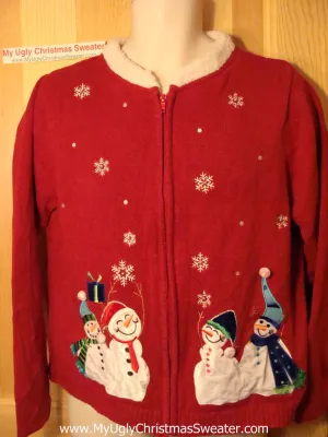 Tacky Ugly Christmas Sweater with a Furry Collar and a Flock of Festive Snowmen (f156)