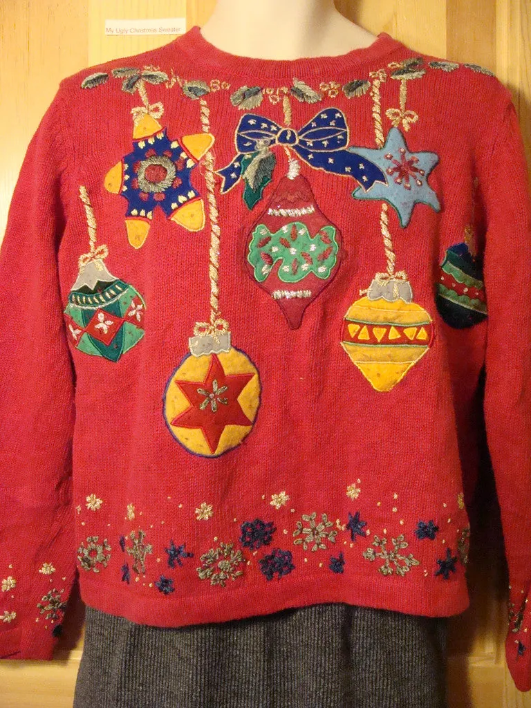 Tacky Ugly Christmas Sweater with Bold Festive Huge Ornaments (f435)