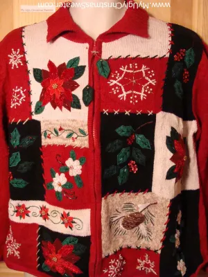 Tacky Ugly Christmas Sweater with Festive Poinsettias and Ivy (f292)