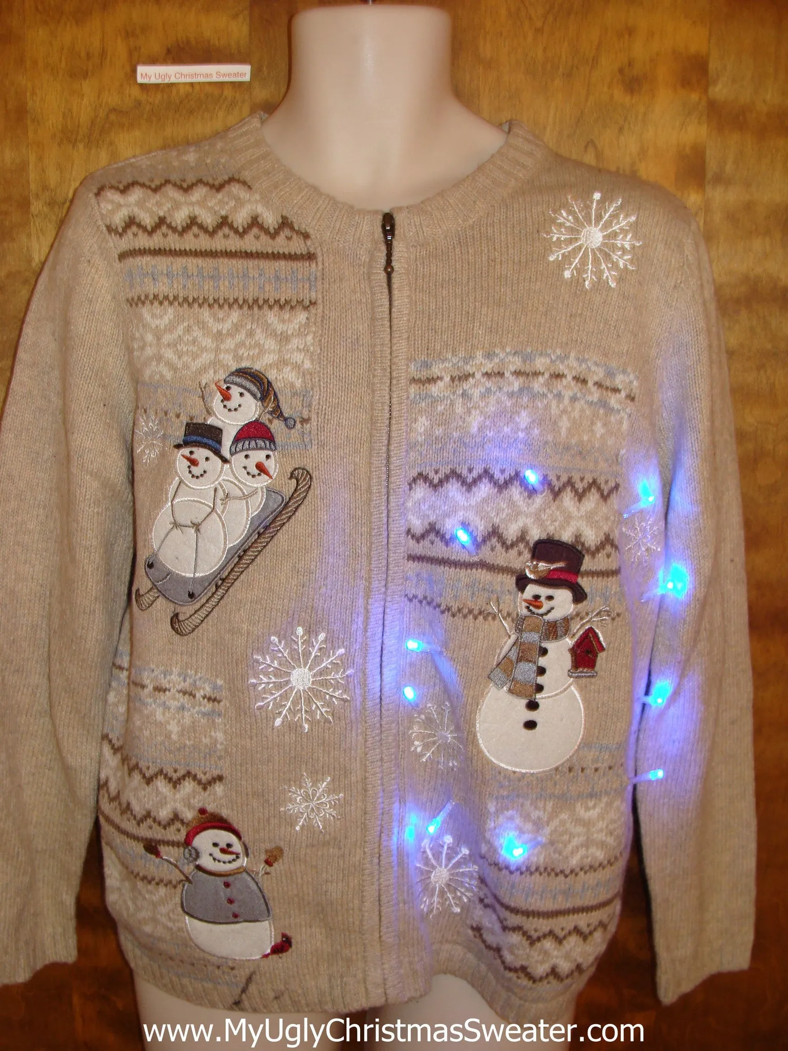 Tan Light Up Ugly Xmas Sweater with Sledding Snowman